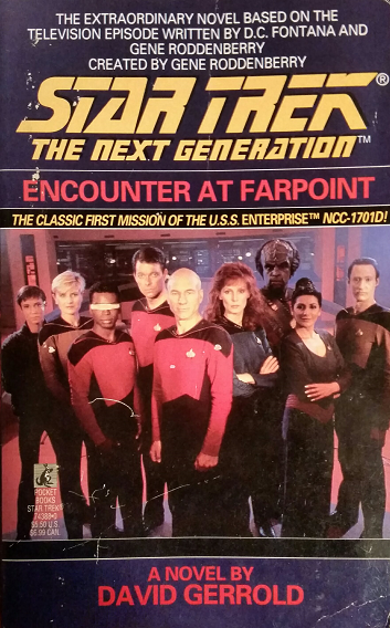 TNG pilot novelization. For their first mission, the Enterprise-D crew investigates a mysterious new deep-space outpost and encounters Q, an omnipotent being who declares humanity savages and tries to thwart their exploration efforts. Reviewed July 20, 2018. Average. Encounter at Farpoint (TNG)