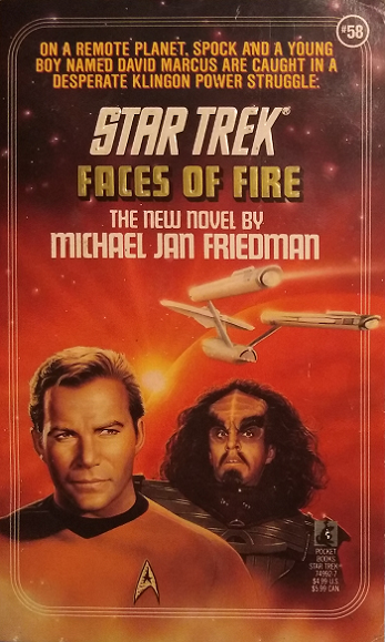 TOS #58. While Kirk and a haughty ambassador try to defuse a religious dispute on Alpha Maluria VI, Spock outwits Klingons invading a terraforming colony while protecting the colonists’ children, a group that includes a young David Marcus. Reviewed July 26, 2019. Bad. Faces of Fire (TOS #58)