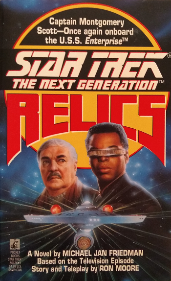 TNG episode novelization. Decades after storing himself in a transporter pattern to survive a crash, Scotty is revived by the Enterprise-D crew, but his excitement gives way to melancholy as he realizes his methods and style hold little sway with a new generation. Reviewed November 1, 2019. Excellent. Relics (TNG episode)