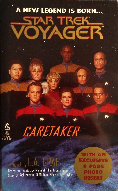 VOY #1, pilot novelization. While attempting to retrieve her chief of security from an undercover operation, Captain Kathryn Janeway’s ship, the USS Voyager, hits an unusual energy wave and is flung over 70,000 light years away to the Delta Quadrant. Reviewed October 16, 2020. Good. Caretaker (VOY #1, pilot novelization)