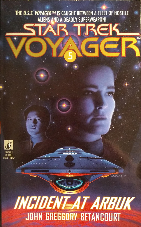 VOY #5. Janeway orders a detour to investigate a distress signal, leading to a city in space melted to slag and showing no signs of life, along with a mysterious elongated tube pointing directly at it and pummeling it with heavy fire. Reviewed April 2, 2021. Bad. Incident at Arbuk (VOY #5)