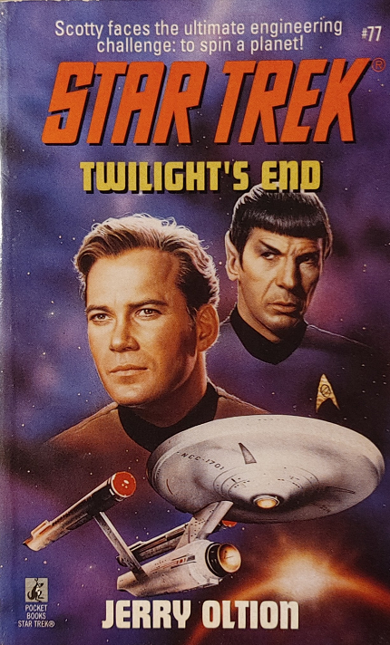 TOS #77. The planet Rimillia needs Scotty to help them with a massive project to rotate their tidally locked planet using thousands of impulse engines, but extremist opposition to the project threatens to derail it. Reviewed April 30, 2021. Twilight's End (TOS #77)