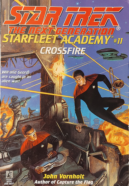 TNG YA #11. The Starfleet Academy Band’s performance at Pacifica earns them a fawning fan in one of the judges, an Orion, who abducts their ship and takes them to perform for troops suffering from low morale as they fight in a grim proxy war. Reviewed February 8, 2022. Good. Crossfire (TNG Starfleet Academy #11)