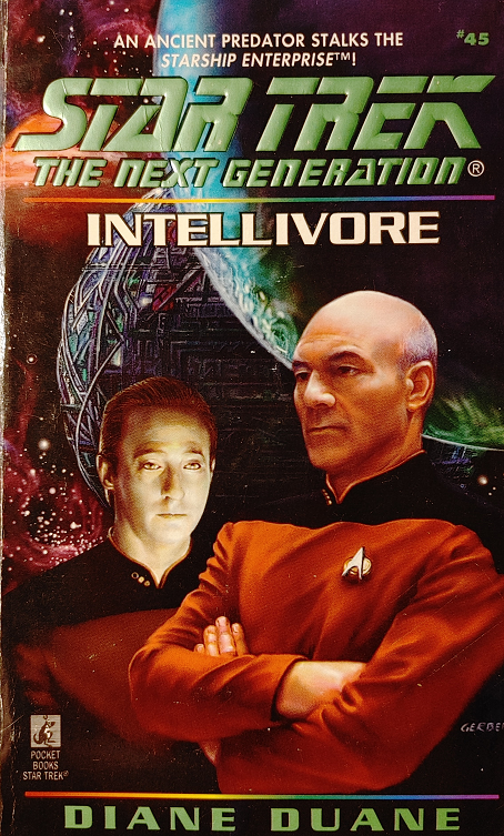 TNG #45. Enterprise is sent along with the Oraidhe to assist the science vessel Marignano in the Beta Quadrant, where a patrol to dissuade pirates soon finds the three ships running into a much deadlier and nearly incomprehensible threat. Reviewed June 10, 2022. Average. Intellivore (TNG #45)
